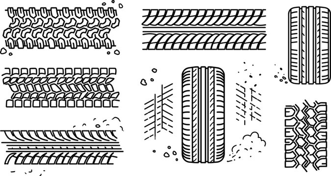 Car tire tracks and tread marks line icon set featuring various wheel protector patterns