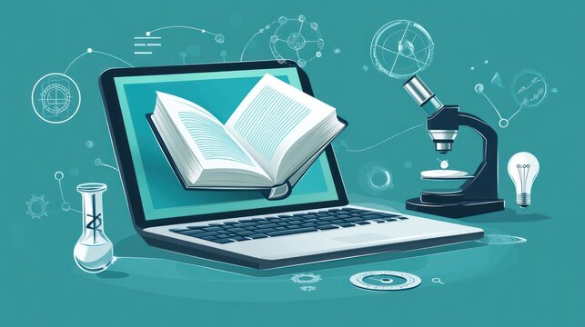 Online education, digital book, science tools, research, learning, illustration