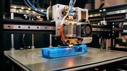 Fototapeta premium 3D Printer Creating Blue Plastic Object - Close-up Shot