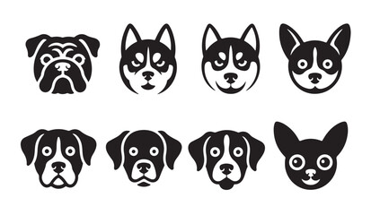 Different dog breed head icons set isolated on white including pug and husky and chihuahua. © parul