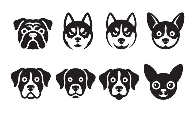 Different dog breed head icons set isolated on white including pug and husky and chihuahua.