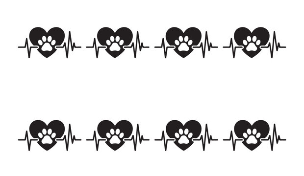 Veterinary ecg heartbeat pattern with animal paw and heart shape symbols in black and white.