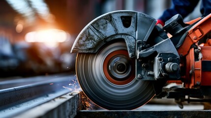 Obraz premium Heavy Duty Cutting Machine with Exposed Circular Blade in Workshop Setting with Sparks