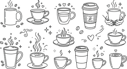Fototapeta premium Coffee cup and mug line icon set featuring hot steaming cafe drinks and beans