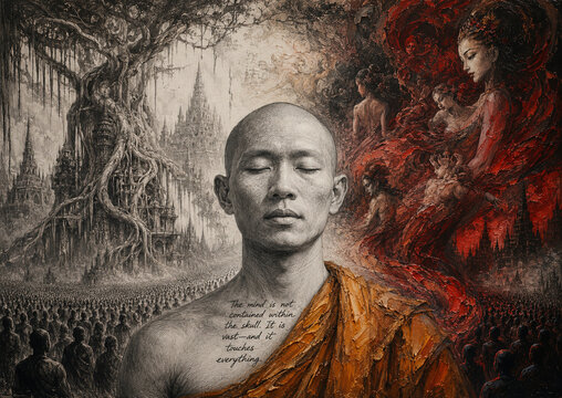 A powerful symbolic oil and charcoal painting of an Asian Buddhist monk in deep meditation, maintaining inner peace despite being surrounded by temptations. On one side, vivid red oil strokes depict w