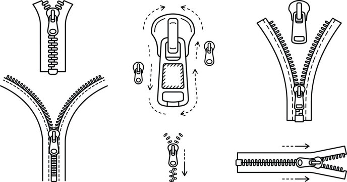 Clothing zipper and fastener pull line icon set featuring various open and closed styles