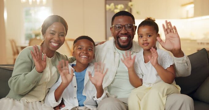 Family, face and video call in home with wave, connection and greeting with communication, smile and gesture. Happy black people, parents and kids at house with hello or goodbye, contact and virtual