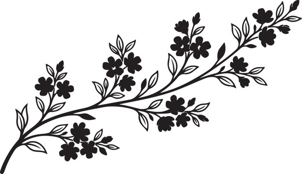 Vintage floral branch silhouette, black cherry blossom twig vector, elegant botanical line art for wedding invitations and logo design