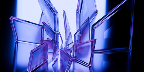 Cyber elements made of transparent glass and liquid acrylic purple blue glow on black backdrop cinematic tech background design cover art visuals 3d rendering © IM_VISUALS