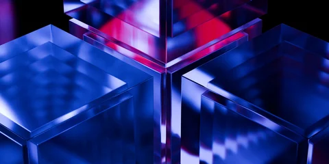 Cyber elements made of transparent glass and liquid acrylic purple blue glow on black backdrop cinematic tech background design cover art visuals 3d rendering © IM_VISUALS