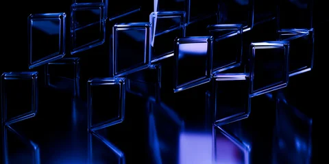 Cyber elements made of transparent glass and liquid acrylic purple blue glow on black backdrop cinematic tech background design cover art visuals 3d rendering © IM_VISUALS