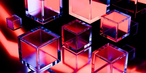 Cyber elements made of transparent glass and liquid acrylic purple blue glow on black backdrop cinematic tech background design cover art visuals 3d rendering © IM_VISUALS