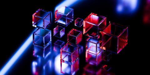 Cyber elements made of transparent glass and liquid acrylic purple blue glow on black backdrop cinematic tech background design cover art visuals 3d rendering © IM_VISUALS