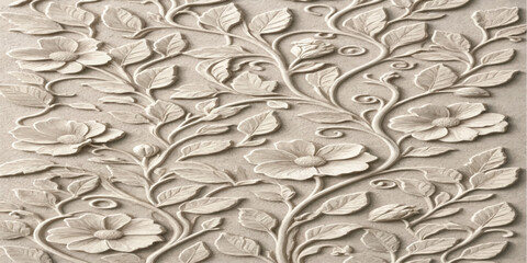 Detailed floral relief pattern on beige stone wall with sculpture ornament botanical architectural decoration detailed interior material © Manjur