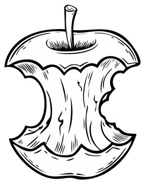Apple core drawing with bite marks. Fruit waste design, black outline illustration of eaten food.