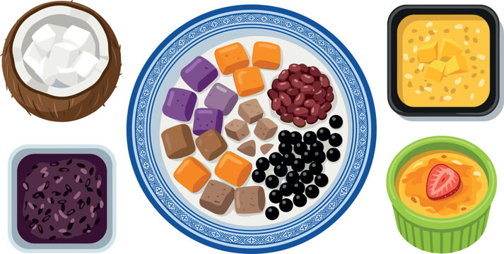 Traditional Taiwanese taro balls dessert vector illustration with sweet potato cubes boba pearls red bean and coconut soup toppings