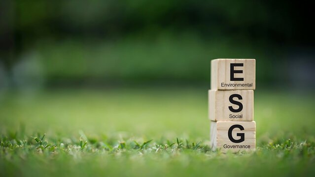 ESG letters stacked on green grass in a natural environment outdoors