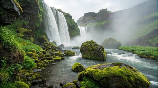 Majestic waterfall flowing down mossy cliffs during a misty morning with cinematic camera movement