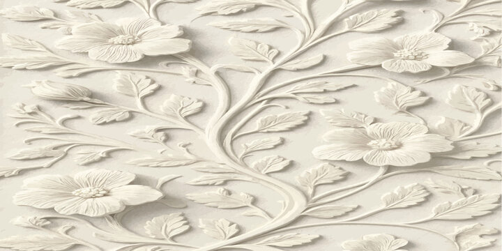 Elegant floral relief carving on off white stone wall surface with bas relief sculpture decorative architecture ornamental background sculpted