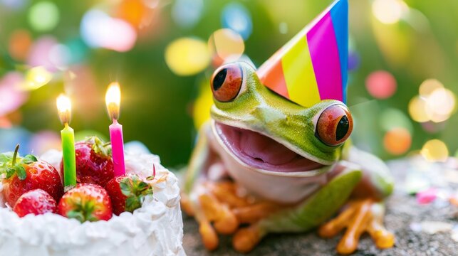 Cheerful Frog with Party Hat Celebrating Birthday Next to Colorful Cake and Candles