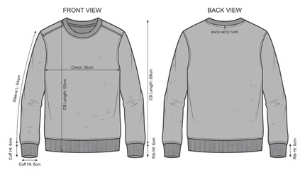 Crew neck sweatshirt technical drawing with measurement specifications © Maya