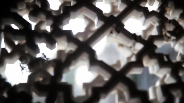 Intricate geometric latticework pattern, ornamental carved screen with detailed arabesque motifs, soft light filtering through, creating shadows and depth