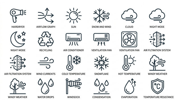 Air Climate and Ventilation Icons Set 36x36 Pixel Perfect Editable Stroke Vector