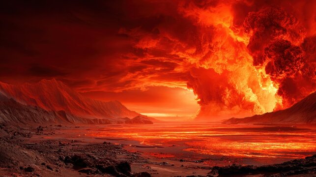 Massive volcanic eruption spews incandescent ash and molten rock across a desolate landscape under a fiery sky