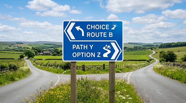 Road Sign at Crossroads Offering Choices: Route B or Path Y