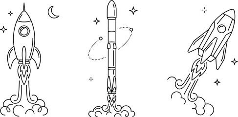 Hand drawn doodle style rocket ship icons vector set with space launch fire smoke and star elements © MDBABULU