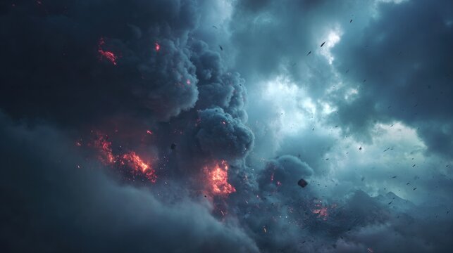 Massive volcanic eruption spews fiery debris into an ominous, turbulent sky