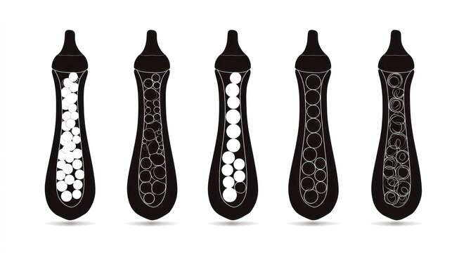 Series of five stylized feeding bottles illustrating internal components changing in size and density