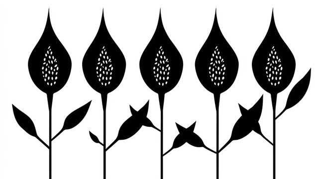 Five stylized black and white botanical forms stand tall in a graphic arrangement