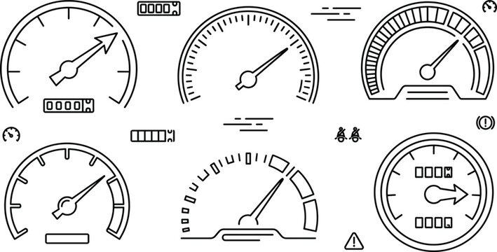 Hand drawn doodle style speedometer gauge icons vector set with dashboard tachometer and odometer elements
