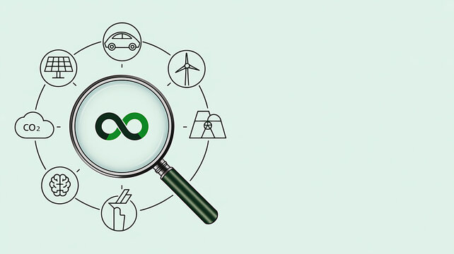 Concept of Environmental Sustainability Circular Economy and Renewable Energy Analysis with Magnifying Glass Icons on Light Background