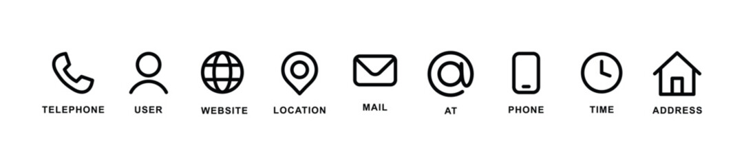 Contact icon set. Home, phone, user, globe, email and communication vector illustration. Mobile and message symbol. Interface details sign. © Whyy