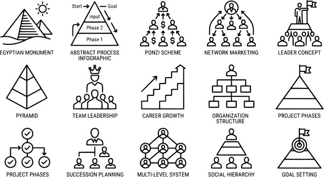 Pyramid flat line icon set. Egyptian monument, abstract process infographic, ponzi scheme, network marketing, leader concept vector illustrations, outline signs. Pixel perfect 64x64. Editable Strokes
