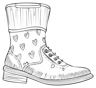 Whimsical heart pattern lace up boot with textured cuff and sole illustration