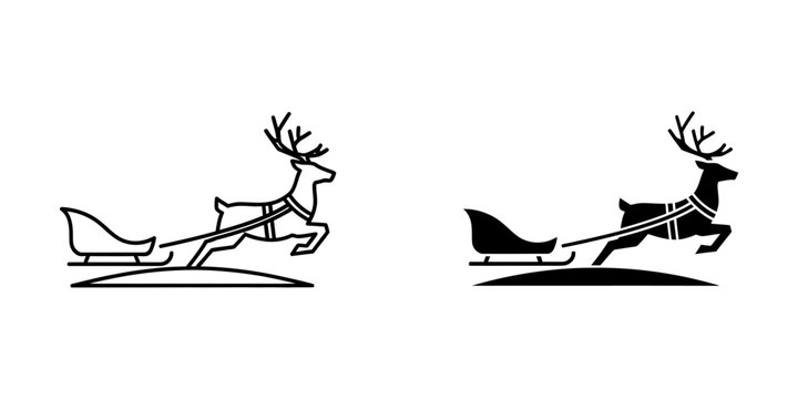 Reindeer pulling sleigh vector silhouette and outline icon set with reindeer christmas silhouette graphics minimalist celebration seasonal collection