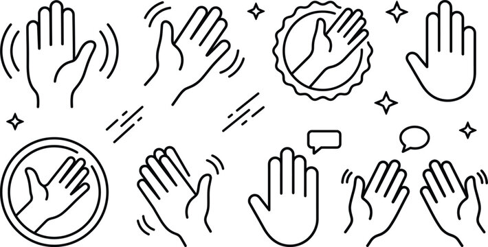 Hand waving and clapping line icon set featuring greeting gestures high five and applause