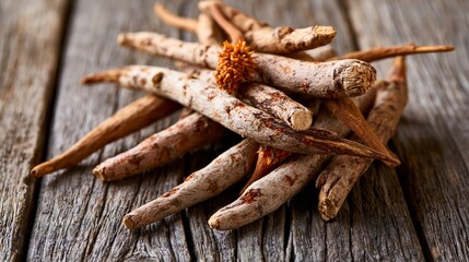 Fototapeta premium Spicy roots lay on wood.