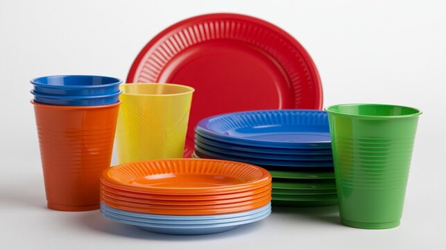 Plates and cups made of plastic sit on a plain white surface.