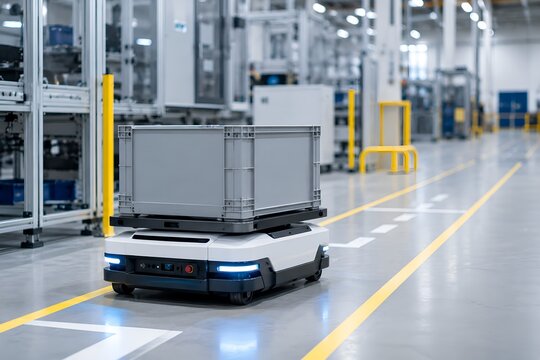 Mobile robot carrying a storage crate on a smart factory assembly floor
