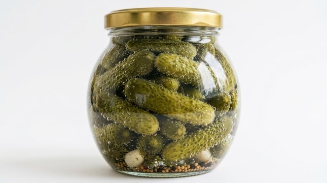 A Glass Jar Packed Tightly with Freshly Pickled Gherkin Cucumbers and Spices.