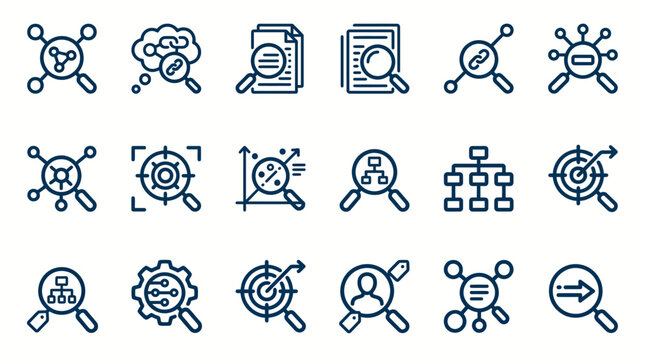 Collection of business strategy icons with magnifying glasses and targets on for analysis and planning