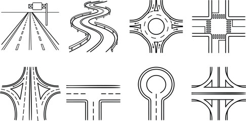 Road and highway intersection line icon set featuring roundabout junction winding street and crossroad layout © MDBABULU