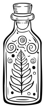 Decorative hand-drawn bottle with leaf design. Herbal remedy or potion concept.