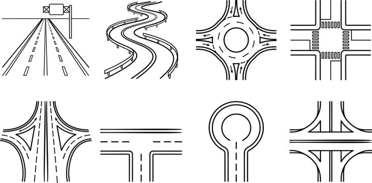 Road and highway intersection line icon set featuring roundabout junction winding street and crossroad layout