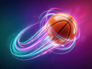 Obraz premium Basketball with neon light trails on colorful background