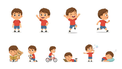 Fototapeta premium Set of diverse cartoon children characters with different emotions and activities